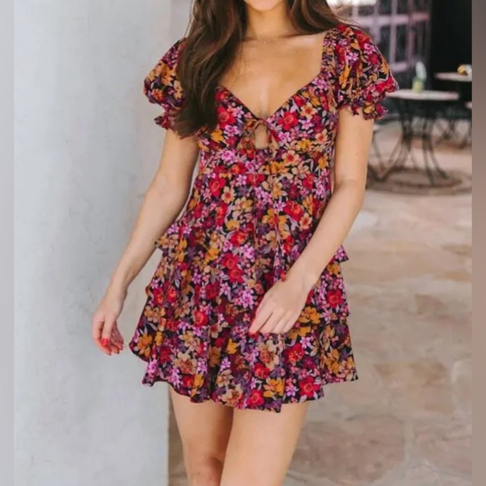 Buddy Love Floral Mini Dress Size S Layered Ruffles Puff Sleeve Shirred Back Y2K